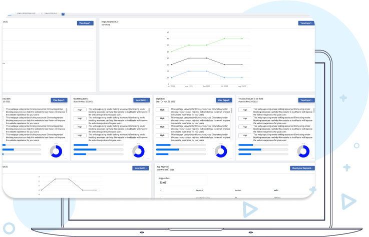 An image which shows the interface of the SEO dashboard WayMore tool, which analyzes your website compared with your competitors and finds opportunities.