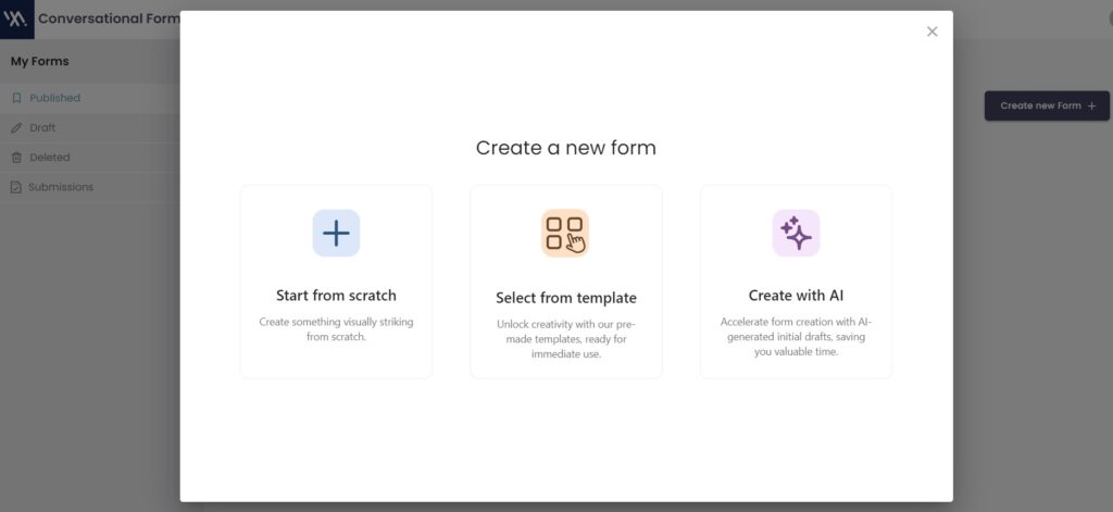 WayMore Conversational Form Creation Options: Start from Scratch, Select from Templates, Create with AI.