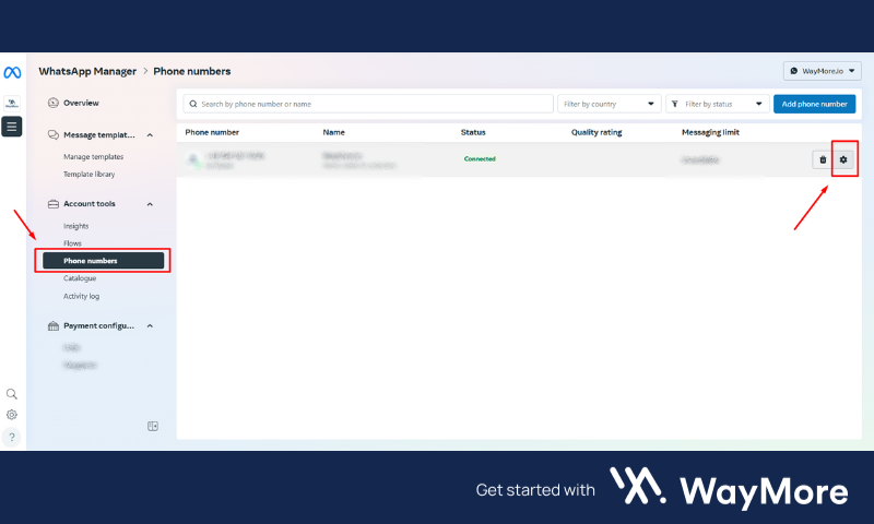 Screenshot of WhatsApp Manager Phone Number Settings Button in Meta Business Suite, captured by WayMore.io.